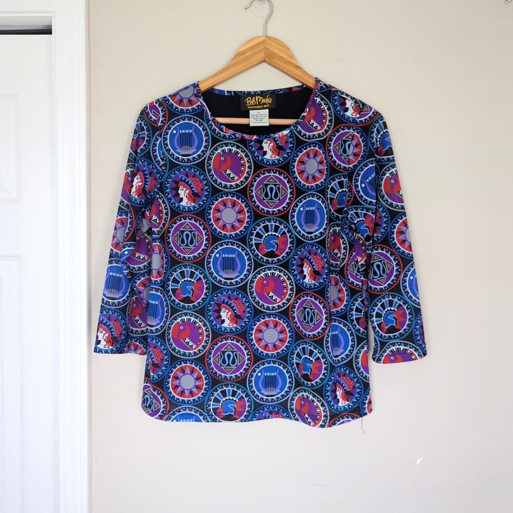 Bob Mackie Art to Wear 3/4 Sleeve Top Retro Medallion Print Y2K Art Deco Small